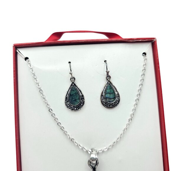 Silver Tone Necklace & Earring Set Faux Mother Of Pearl Enamel - Picture 4 of 13